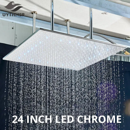 Modern chrome led rain shower head with a 24-inch rectangular design and integrated lighting for ceiling installation