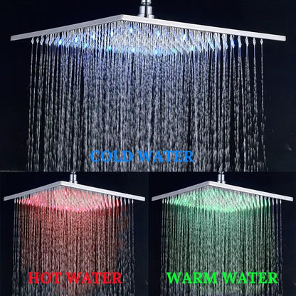 Modern chrome led rainfall shower head with square chrome finish crystal droplet accents and color changing light
