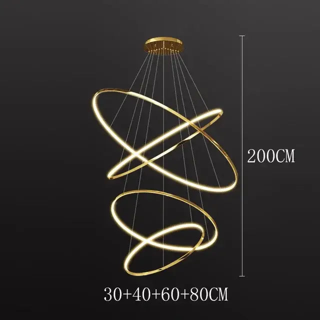 Modern gold-toned pendant light with three interlocking rings and led bulbs for living room lighting under square meters