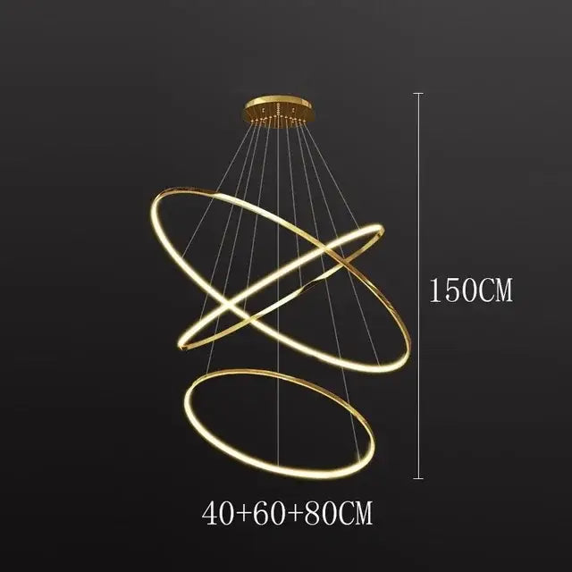 Modern golden pendant light with three interlocking circular rings and led bulbs ideal for living room square meters