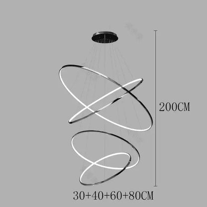 Modern chrome led ring pendant light with three interlocking rings and black mount for living room lighting under 20 square meters