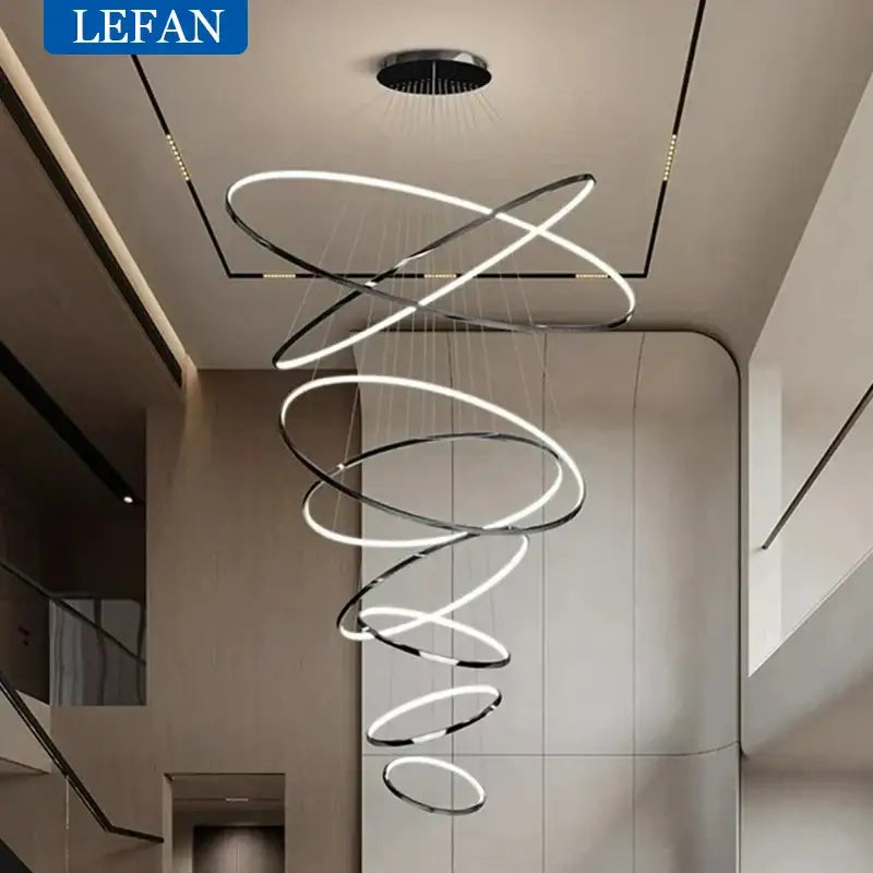Modern chrome pendant light with polished rings and glowing led bulbs ideal for living room square meters