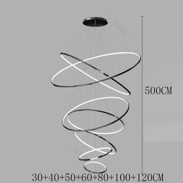 Modern chrome pendant light with spiral led bulbs and glowing rings ideal for living room square meters illumination