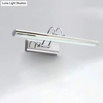 Modern chrome led vanity mirror light with frosted glass diffuser in a sleek elongated rectangular design for bathroom use