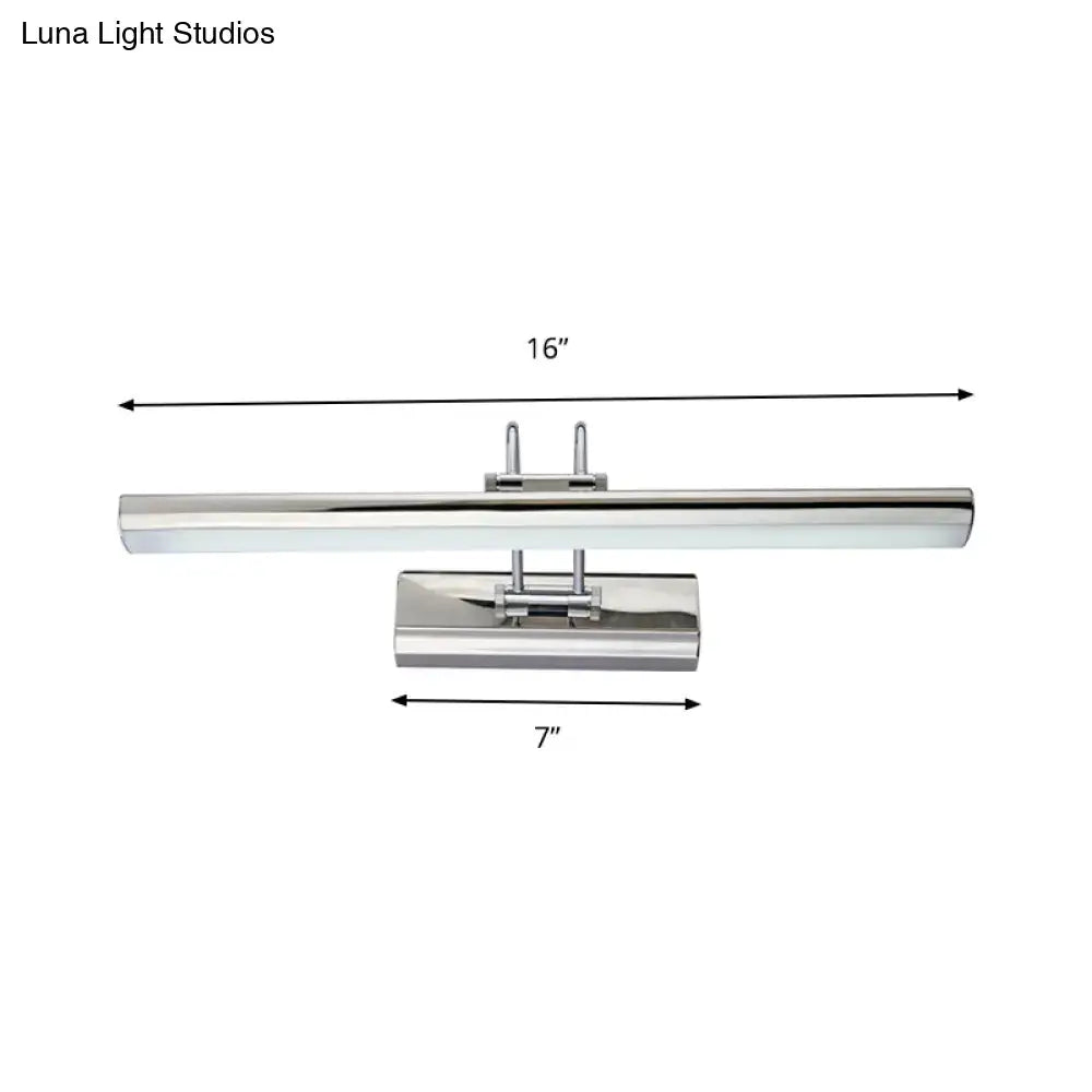 A sleek modern style chrome vanity mirror light wall fixture with a rectangular design and adjustable bracket