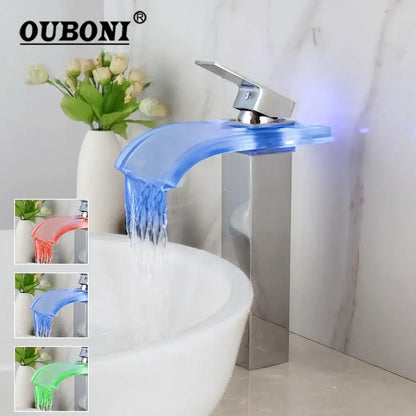 Modern chrome led waterfall basin mixer by ouboni with blue translucent faucet and sleek chrome finish for bathroom decorbites led waterfall