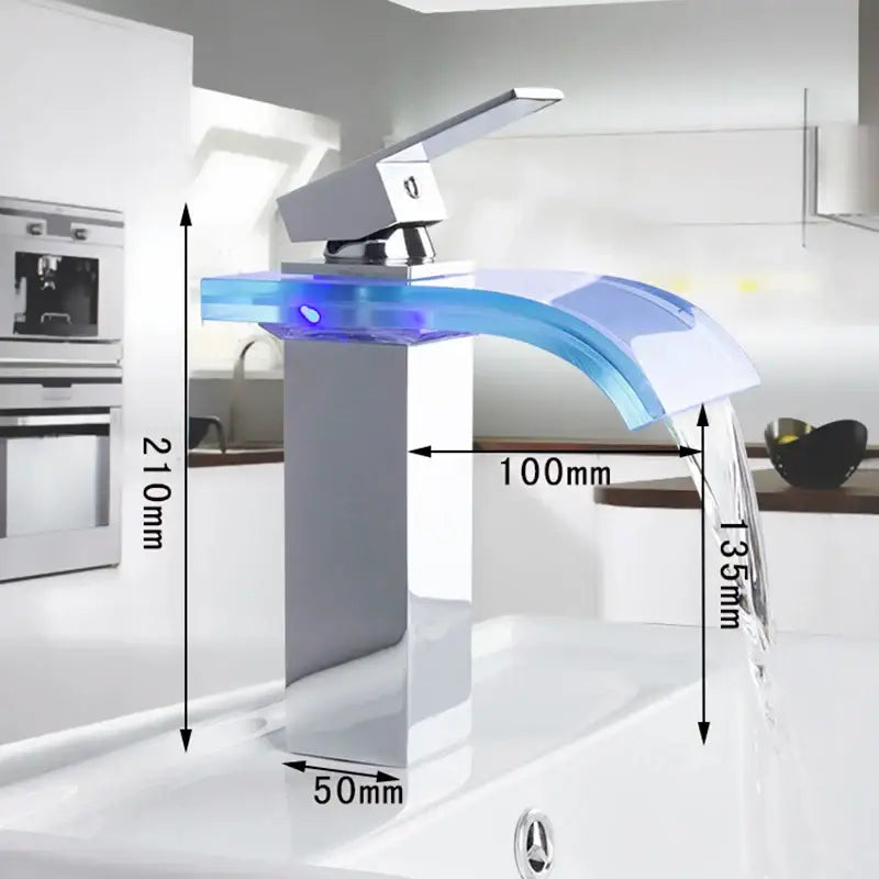 Modern chrome led waterfall basin mixer with translucent blue glass spout and decorbites led waterfall lighting