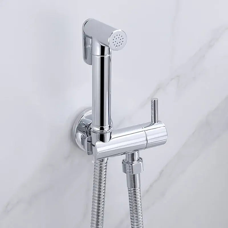 Modern chrome and matte black bidet spray set with wall-mounted chrome finished spray and flexible hose for bathroom use