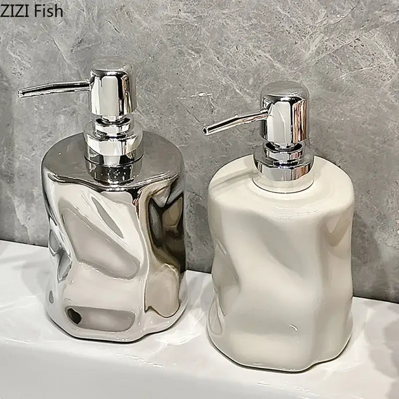 A modern soap dispenser set featuring chrome and matte white wrinkle ceramic for stylish bathroom decorbites wrinkle ceramic soap use