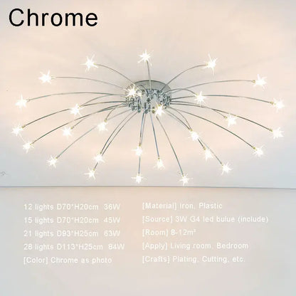 Modern chrome metal led chandelier starburst ceiling light with 12 to 28 led bulbs for living room decorbites chrome metal led