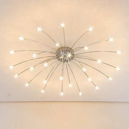 Modern chrome metal led chandelier starburst with multiple slender arms and bright led star-shaped bulbs for living room decorbites chrome metal led