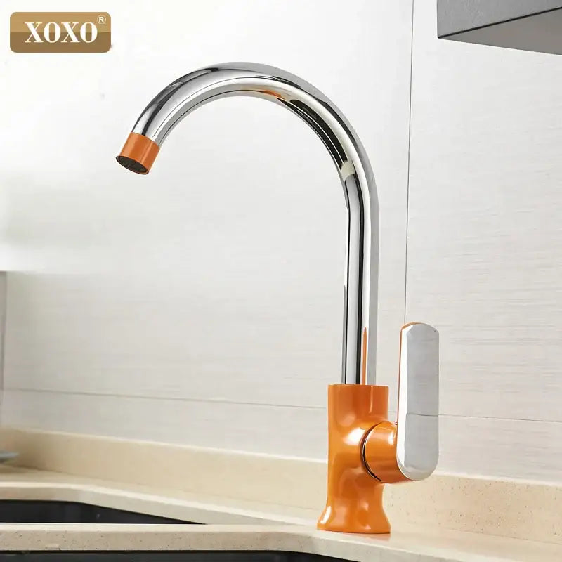 Modern chrome and orange single handle kitchen faucet mixer tap with vibrant accents and sleek decorbites brass single design