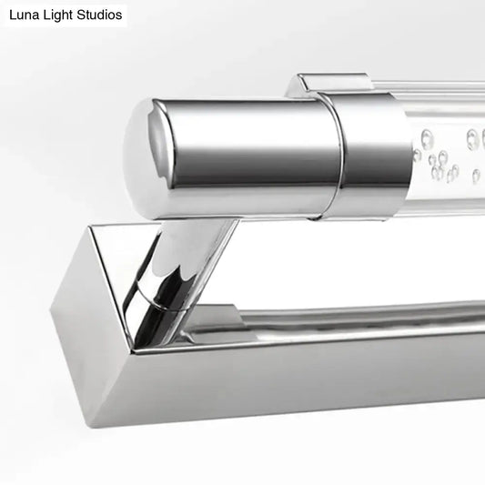 Modern chrome pipe acrylic vanity lighting bathroom wall lamp with sleek angular towel rack and clear bubble-patterned glass panel