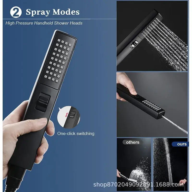 Black high-pressure handheld pressure spray head with rain pressure spray and one-click mode switching by decorbites
