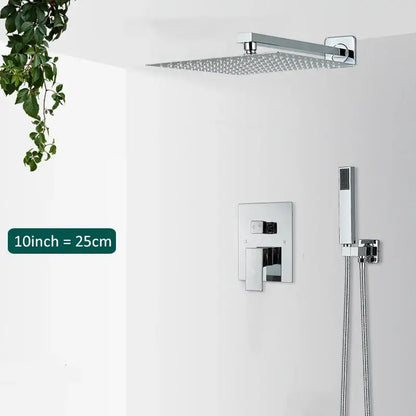 Modern chrome rainfall shower faucet system with square chrome-finished rain shower head and handheld spray