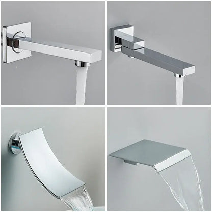 Modern chrome rainfall shower faucet system with wall-mounted chrome faucets featuring sleek geometric waterfall spouts