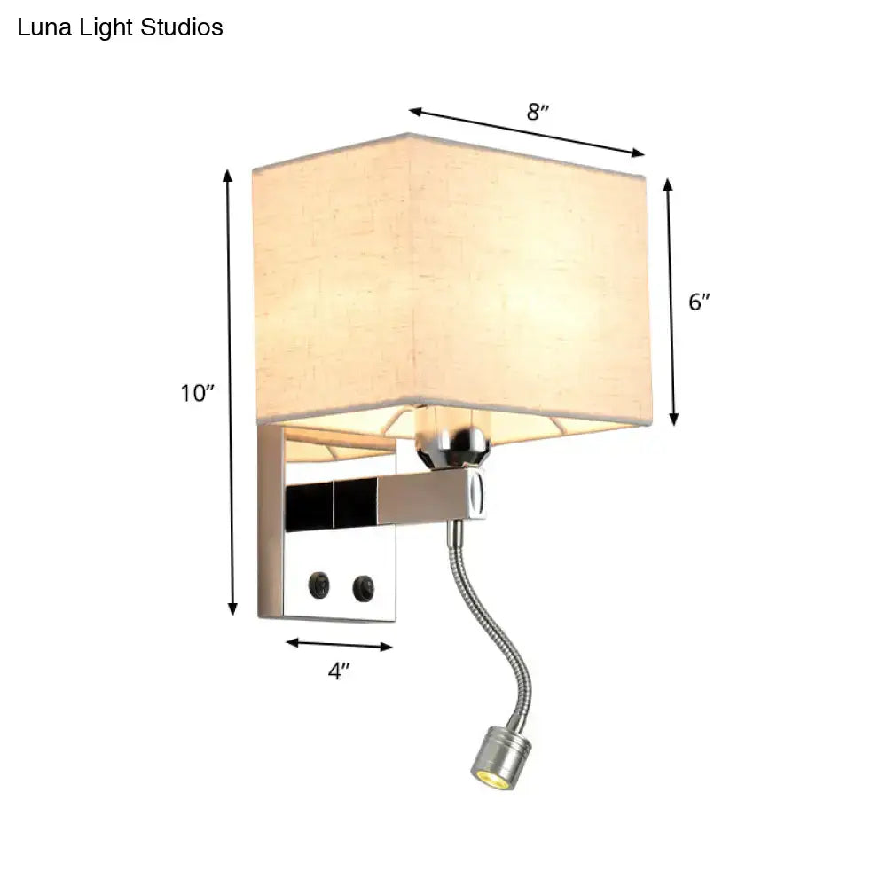 Modern chrome rectangle wall sconce with beige linen shade, flexible arm, metal frame, bulb included e26 e27 socket