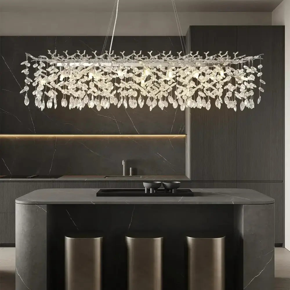 Modern chrome rectangular crystal branch chandelier with cascading crystal leaves and droplets for dining room decorbites crystal branch