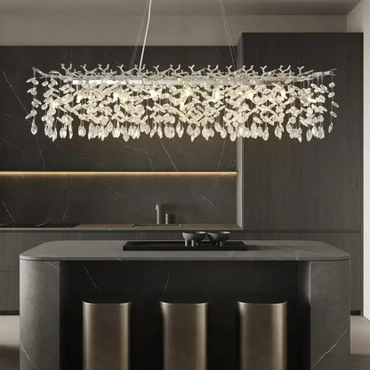 Modern chrome rectangular crystal branch chandelier with cascading crystal leaves and droplets for dining room decorbites crystal branch