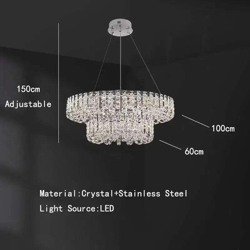 Modern chrome rectangular crystal pendant ceiling lamp with cascading clear crystals and adjustable stainless steel frame height