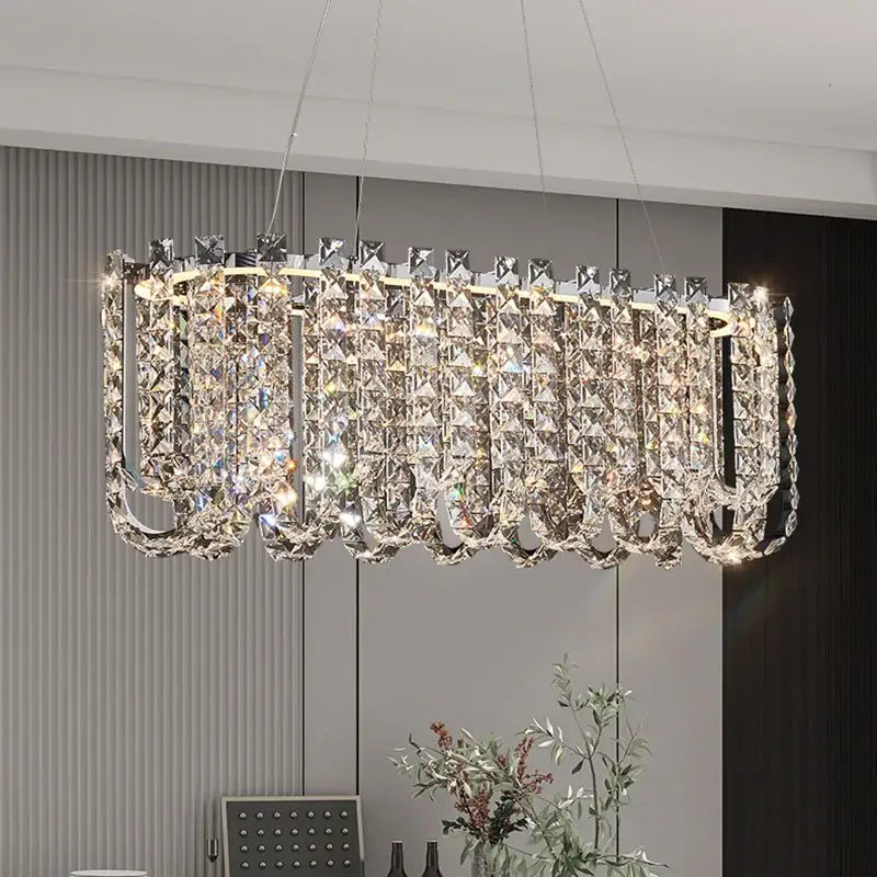 Modern chrome rectangular crystal pendant ceiling lamp with cascading prisms for dining room decorbites crystal pendant