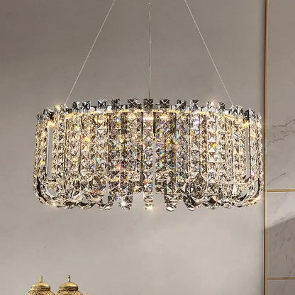 A modern chrome rectangular crystal pendant ceiling lamp with cascading clear faceted crystals for elegant decorbites crystal pendant decor