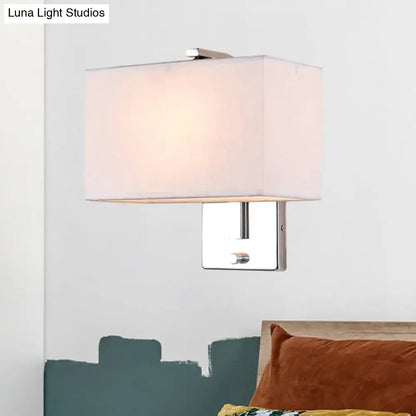 Modern chrome rectangular fabric wall sconce with off-white shade and chrome base compatible with e26 e27 bulbs for living room lighting