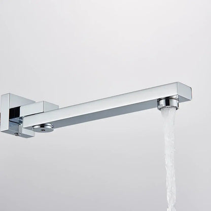 Modern chrome rectangular wall mounted faucet spout with sleek design and flowing water stream for bathroom use
