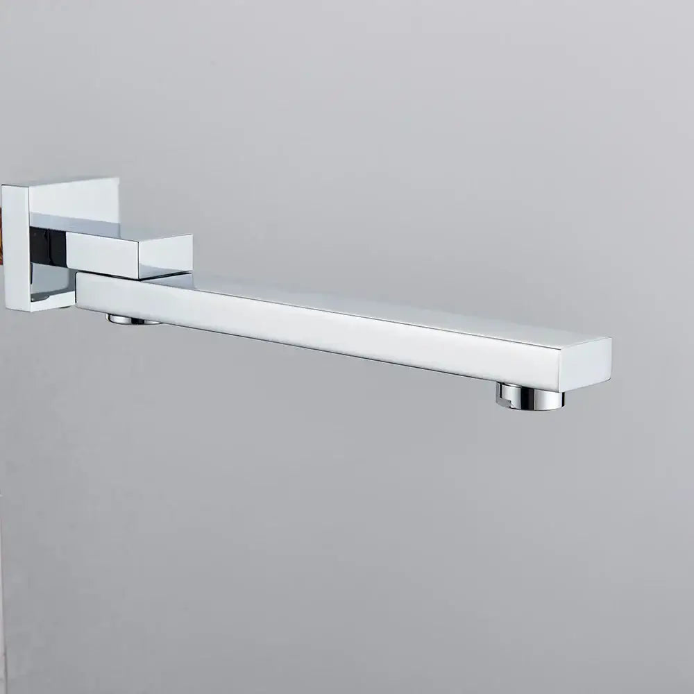 Modern chrome rectangular wall mounted faucet spout with sleek angular joints for bathroom use