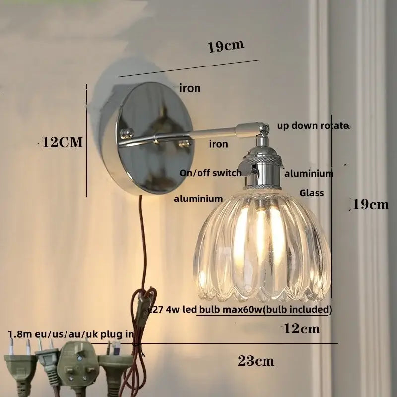 Modern chrome ribbed clear glass wall lamp with polished chrome bracket and fluted shade for bedroom decorbites clear glass