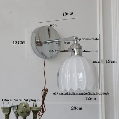 Modern chrome wall lamp with polished chrome iron base and clear glass fluted shade for bedroom decorbites clear glass