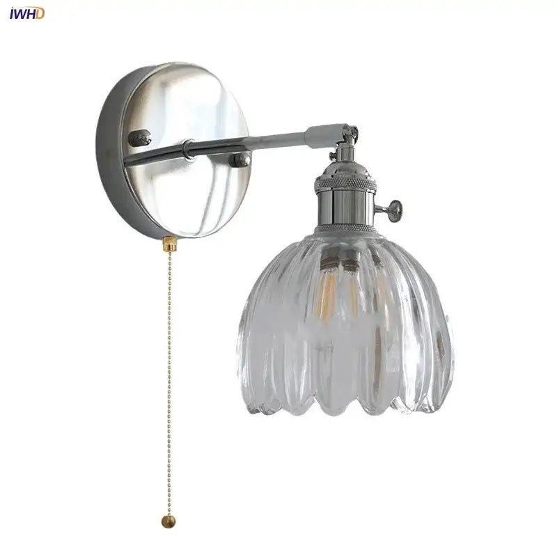 Modern chrome ribbed clear glass wall lamp with brass pull chain for dining room decorbites clear glass wall lamp