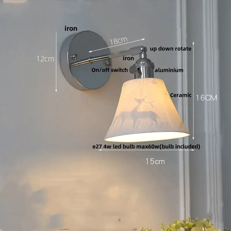 Modern chrome ribbed clear glass wall lamp with polished iron frame and ceramic deer lampshade by decorbites clear glass