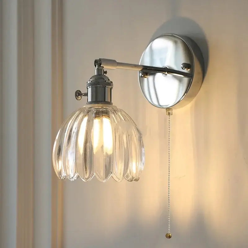Modern chrome ribbed clear glass wall lamp with polished hardware and decorbites clear glass shade for dining room decor