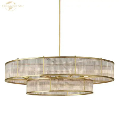 Brass-finished double-tier glass chandelier with clear ribbed panels for modern dining room decorbites glass chandeliers
