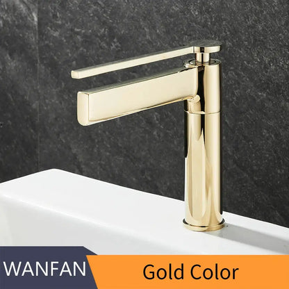 Gold-colored modern chrome single handle basin faucet with sleek metallic finish by decorbites for bathroom sink mixer