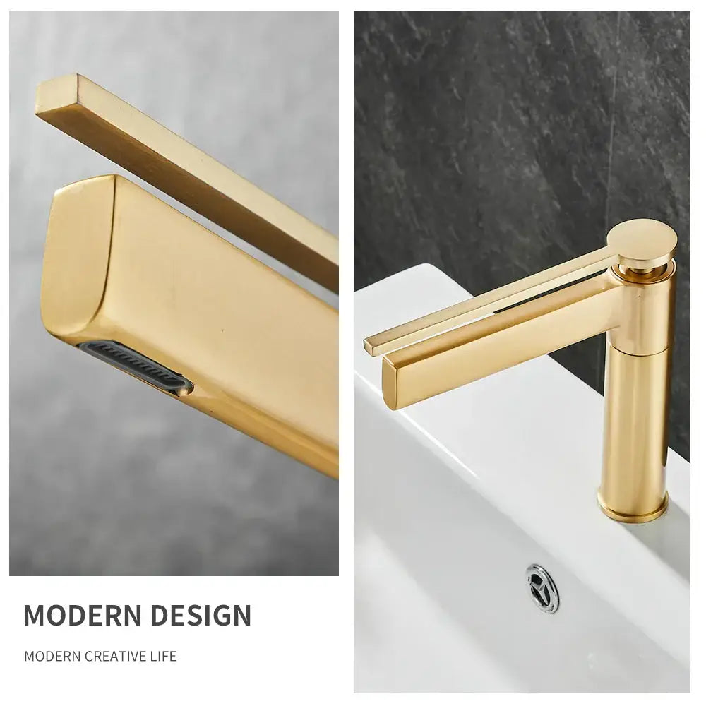 Gold-colored modern chrome single handle basin faucet with brushed metal finish from decorbites basin faucet collection