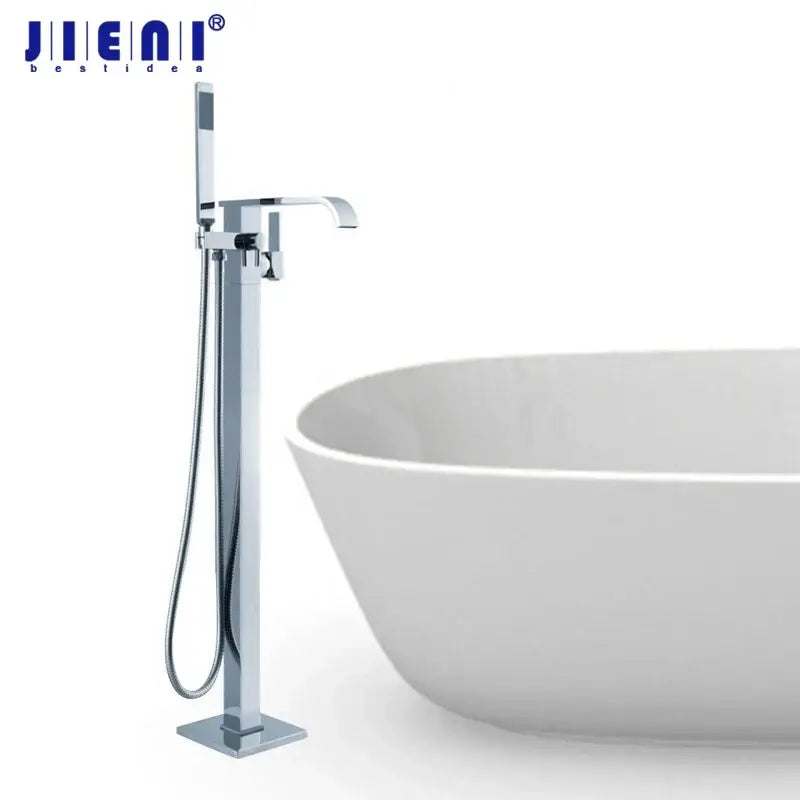 Modern chrome single handle jienai freestanding bathtub shower set with sleek design and integrated handheld showerhead