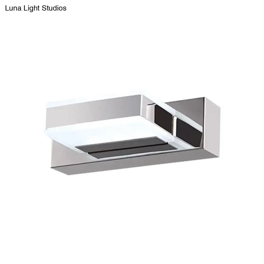 Modern chrome square acrylic vanity light fixture with sleek minimalist design and integrated led panel highlighting fixture height