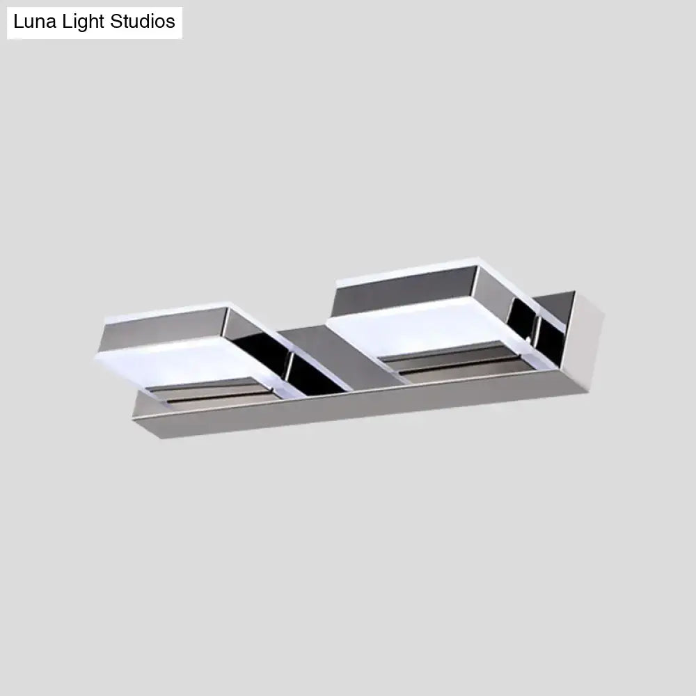 Modern chrome square acrylic vanity light fixture height with two rectangular LED illuminated panels and sleek angular design