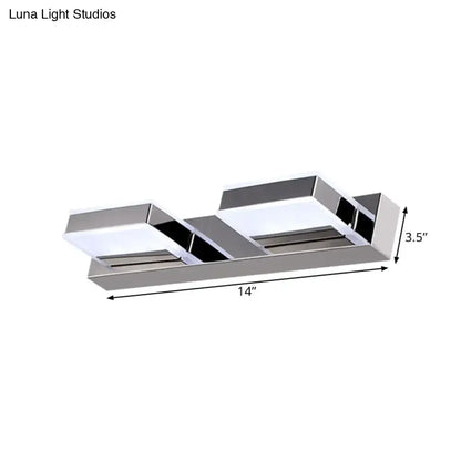 Modern chrome square acrylic vanity light bathroom fixture with two rectangular led panels and fixture height detail