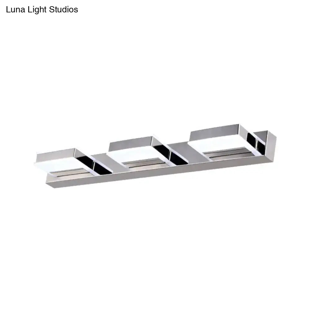 Modern chrome square acrylic vanity light bathroom fixture with three rectangular LED panels and fixture height details