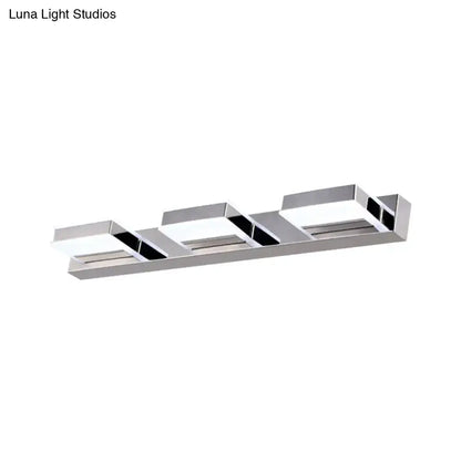 Modern chrome square acrylic vanity light bathroom fixture with three rectangular LED panels and fixture height details