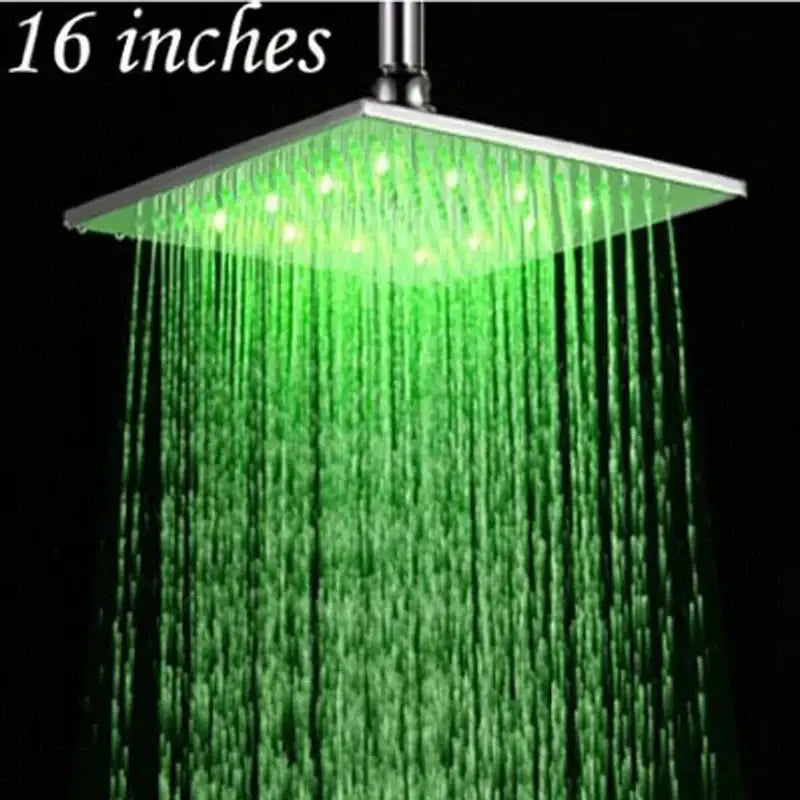 Modern chrome square rain shower head with sleek metallic finish and vibrant green led lighting for bathroom use