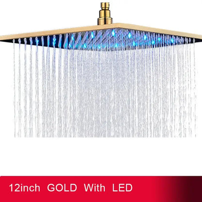 A 12-inch gold-colored square led rainfall shower head with blue led lights for modern bathroom use
