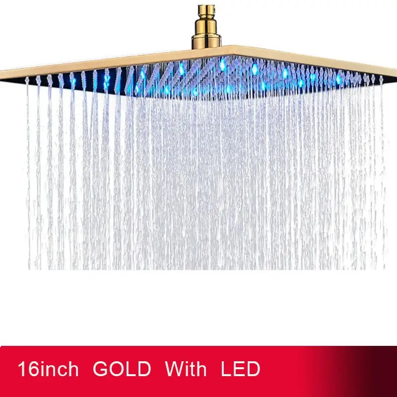 A 16-inch gold-colored square led light rainfall shower head with blue led lights for modern bathroom use