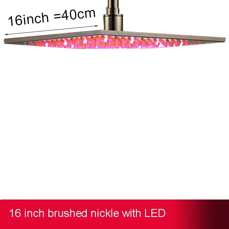 Modern chrome 16-inch brushed nickel square led light shower head with vibrant pink rainfall shower feature