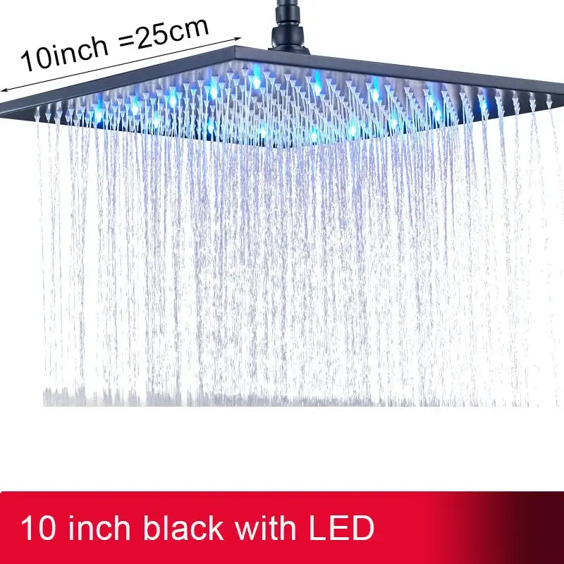 Black 10-inch square led shower head with rainfall shower feature and blue led light for modern bathroom use