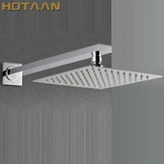 Modern chrome square rain shower head with arm featuring a sleek design and multiple water jets for bathroom use