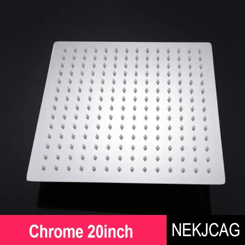Modern chrome square rainfall shower head with 20-inch chrome finish and diamond shaped nozzles for a rainfall shower